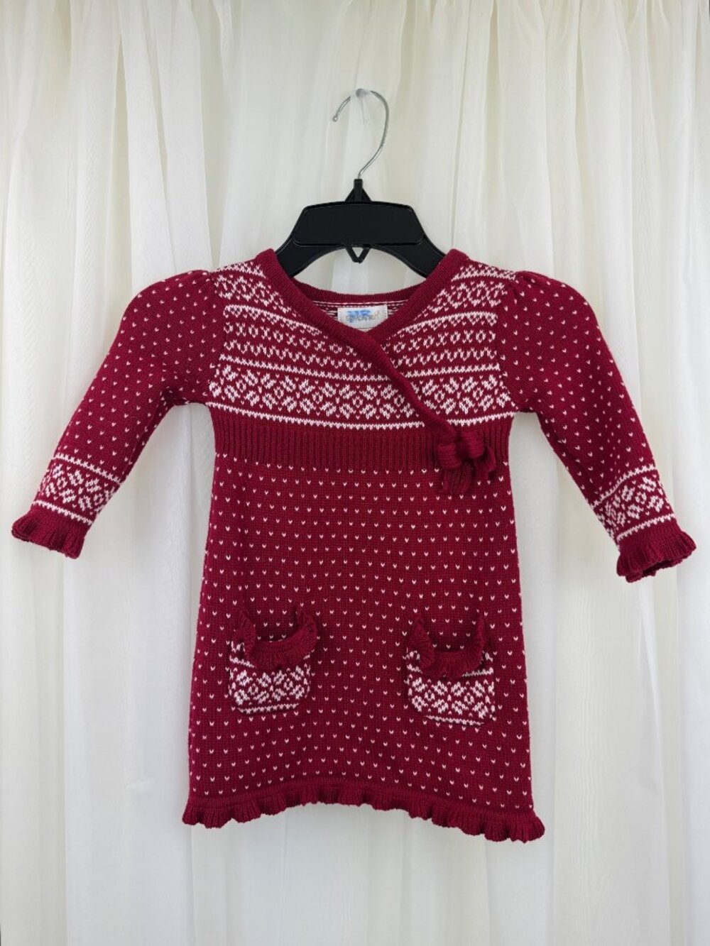 Savannah Baby Girl Fair Isle Sweater Dress Red Knit Holiday Christmas 6-9 Mnths